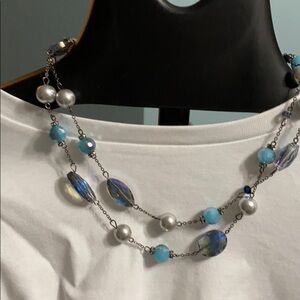 Set of 2 Beaded and chrystal shades of blue necklace & earrings set handcrafted